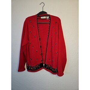 Vtg Lemon Grass Christmas Cardigan Sweater Pointsetta Beaded Grannycore Womens